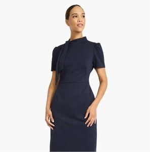 Euro Chic Maggy London Navy Blue Bow Neck Short Sleeve Sheath Dress Knee Length